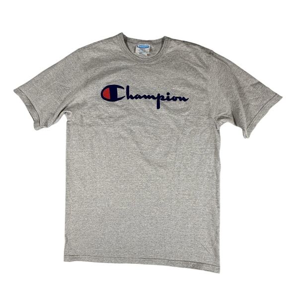 Champion T-Shirt Men's Large Gray Blue Red Script Logo Tee Cotton Blend - Picture 1 of 9